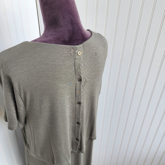 J. JILL Women Tiered Dress Back Buttons Side Pocketed Stretch Midi Olive Green L - Picture 7 of 12